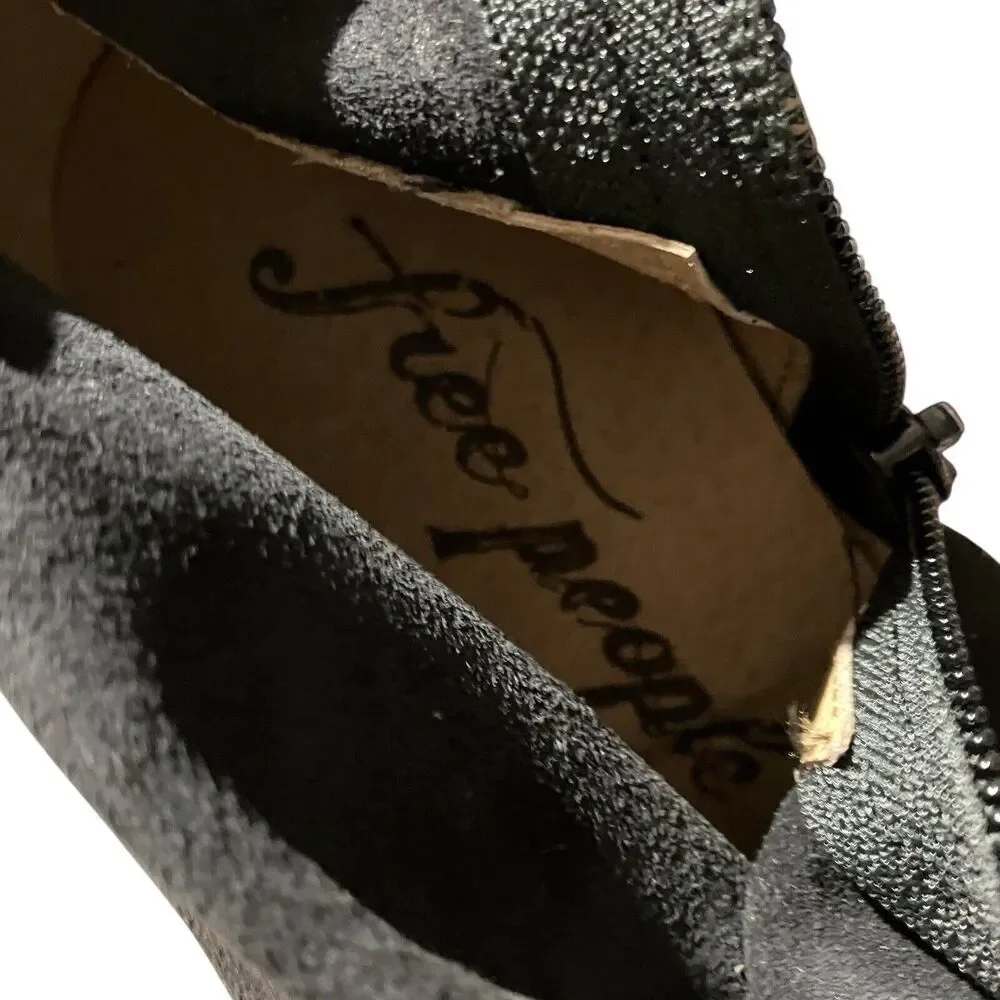 Free People Gigi Ankle Bootie 7 / 37.5 Black Suede Leather Square Toe‎ Platform